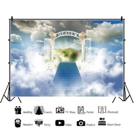 OERJU 8x6ft Heaven Backdrops for Photography Staircase to Heaven Paradise Gate Sky Clouds Background Heaven Sent Baby Shower Baptism Church Event Party Decoration Banner Photo Studio Props