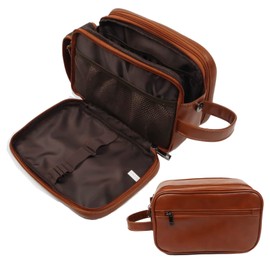 SYCARON Toiletry Bag for Men, Large Leather Shaving Kit Travel Bag with Waterproof Lining Travel Dopp Kit Cosmetic Bag Women Makeup Bag Organizer, Valentine's Day Gift (Brown)