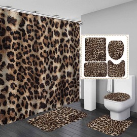 Camille&Andrew 4PCS Brown Leopard Print Shower Curtain Set, African Wild Animal Wildlife Safari Animal Skin Cheetah Print Bathroom Decor, Waterproof Fabric Shower Curtain, Non-slip Bath Mat Toilet Rug