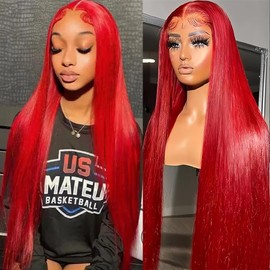 Long 34 Inch Straight Red Lace Front Wigs Human Hair 13x4 Red HD Lace Front Wig Human Hair Wear and Go Glueless Hot Red Wigs Pre Plucked with Baby Hair Colored Frontal Wigs For Black Women
