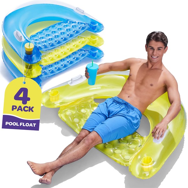 Pool Floats Adult [Set of 4] Inflatable Chair Floats with Cup Holders & Handles - Happy Colorful Pool Floaties - Pool Float Comes in 2 Fun Colors, Blue & Yellow, A Relaxing Floats for Swimming Pool