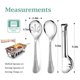 Teivio Hammered Stainless Steel Metal Serving Utensils Set of 9, 10" Serving Spoons, 10" Slotted Spoons, 9" Serving Tongs, Large Hostess Serving Set for Parties Chafing Dish Buffet Catering (Silver)