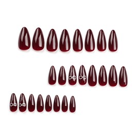 Wine Red Press on Nails Medium Almond Fake Nails Glossy Glue on Nails Valentine’s Day Acrylic Nails Stiletto Artificial Nails Pure Color Stick on False Nails with Bow Shaped Nail Charms Design 24 Pcs