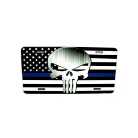 DIGIART INTERNATIONAL THIN BLUE LINE AMERICAN TACTICAL FLAG SKULL Metal Novelty Car License Plate Tag