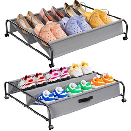 OFUSUY Under Bed Shoe Storage with Wheels, 2Pack Under Bed Storage Containers with Breathable Mesh Pockets, Under Shoe Rack Organizer Drawer Space Saving for Container Under the Bed, Sofa and Desk