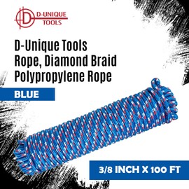 DT-Rope Diamond Braid Polypropylene Rope, 3/8 inch x 100 ft All Purpose Utility Rope, Utility Cord, Tie Down, Pull, Knot, Indoor and Outdoor Use, Camping, Hanging Hammock, Pinata (Blue-Multicolor)