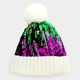 Mardi Gras Sequin Pom Pom Beanie Hat Parade wear Carnival Ombre Sequin Purple and Gold Stunning Purple Sequin Winter Faux Fur Pom Pom