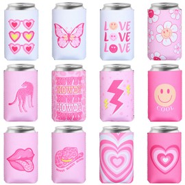 Purpeak 12 Pcs Preppy Beer Coolers Aesthetic Hot Pink White Can Coolers Neoprene Insulated Drink Bottle Beer Holder Non Slip Washable Beer Sleeve Insulators Covers for Party Supplies