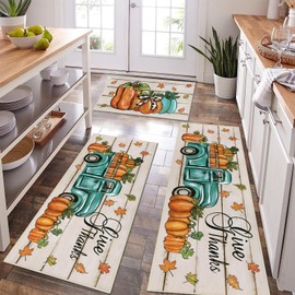 Pauwer Fall Kitchen Rugs Sets of 3, Pumpkin Truck Kitchen Floor Mats, Farmhouse Kitchen Rugs and Mats Non Skid Washable, Kitchen Runner Throw Rugs for Kitchen, Laundry Room Fall Thanksgiving Decor
