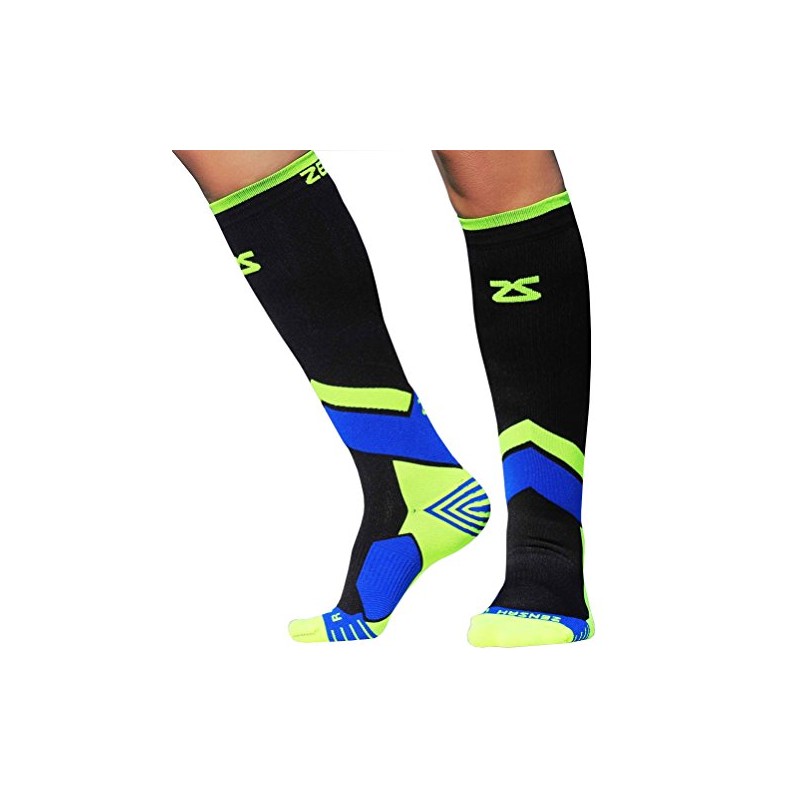 Zensah Pop Tech+ Compression Graduated Compression Socks, Black/Yellow/Blue, Large