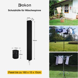 Dokon Protective Cover for Rotary Dryer with Zip, Weatherproof Rotary Airer Cover, Winterproof, Anti-UV, Robust 420D Oxford Fabric, Laundry Umbrella Cover with Clothes Peg Bag, 160 x 15 x 15 cm