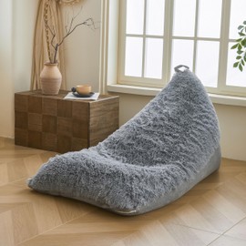 XeGe Fluffy Kids Stuffed Animal Storage Bean Bag Cover (No Filler), Fuzzy Faux Fur Beanbag Organizer with Handle for Teens Girls Adults, Shaggy Furry Plush Toys Holder Floor Lounger Chair, Light Grey