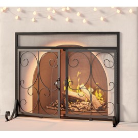 Calidola Large Flat Fireplace Screen with Doors, Wrought Iron Frame with Metal Mesh, Flat Panel Decorative Fireplace Screen with Scroll Design, Free Standing Spark Guard,Black