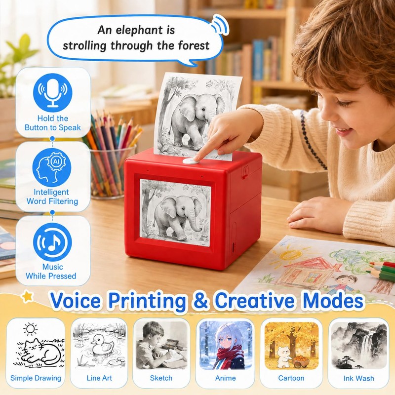 Gaguusu AI Mini Thermal Sticker Printer with Screen, Voice-to-Image for