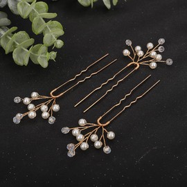 Teyglen Pearl Crystal Bridal Hair Pins Rhinestone Bride Wedding Hair Pins Clips Gold Silver Crystal Pearl Hair Piece Hair Accessories for Women Bride Girls (Gold)