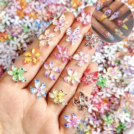100PCS Hibiscus Flower Nail Art Charms 3D Hawaii Flowers Rhinestones Mixed Colorful Floral Diamonds Spring Summer Nail Jewelry Tiny Flowers Nail Design for Women Manicure Supplies