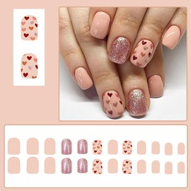 24Pcs Valentines Day Short Square Press on Nails Heart Fake Nails Full Cover Glitter Pink Glue on Nails Valentines Acrylic Nails Nude Artificial Stick on Nails Cute False Nails for Women Manicure