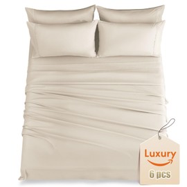 Luxury Silky Soft Bed Sheet Set, 6 Piece,Full Size, Fits 16 inch Deep Pocket Mattresses, Wrinkle Free & Breathable Cooling, Ivory Cream Bedding Sheets (Fitted Sheet, Flat Sheet, Pillowcases)