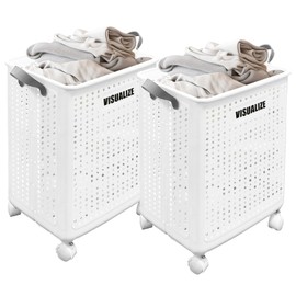 Janedream 58L 2 Pcs Collapsible Laundry Baskets, Foldable Rolling Laundry Hamper with Wheels and Handles, Portable Plastic Clothes Storage Cart for Dorm, Bedroom, Bathroom (White)