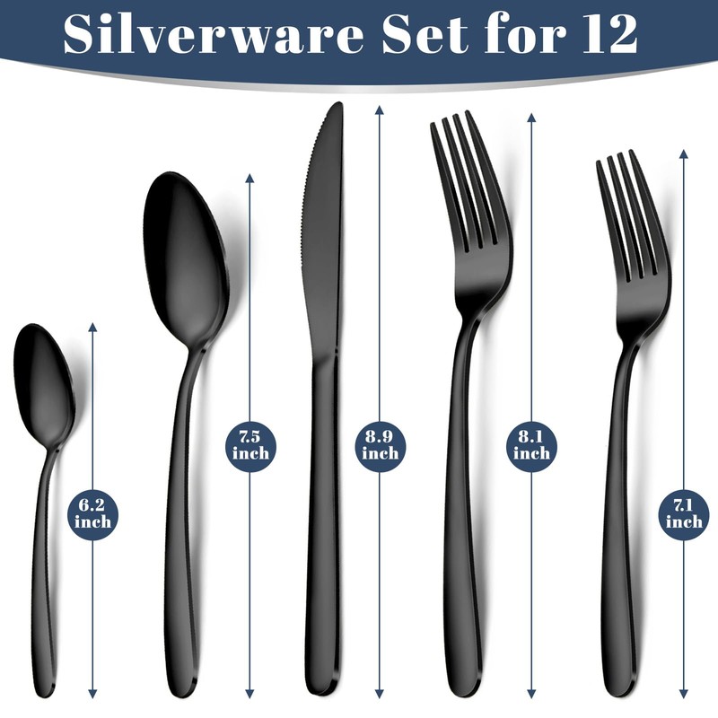 Hunnycook 60-Piece Black Silverware Set for 12, Stainless Steel Cutlery