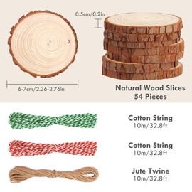 LOOFORE Natural Wood Slices, 54 Pcs 6-7cm Unfinished Wooden Coasters, Predrilled Log Discs Wooden Log Slices, with 3 Ropes for Arts DIY Crafts, Christmas Decorations or Wedding Favours