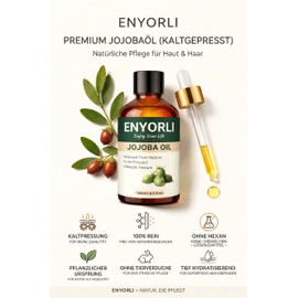ENYORLI Jojoba Oil 120 ml Cold Pressed & Vegan 100% Natural - Moisturising Face Oil, Body Oil & Hair Oil - Hexane-Free, Ideal for Massage, Skin Care & Makeup Removal Including Scale Pipette