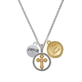 Delight Jewelry Silvertone Peace with AB Crystal and Dove Two-tone Give Thanks to God Cross Pendant Necklace, 23"