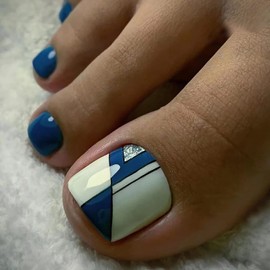 Press on Toenails with Line Designs, Square Full Cover Glossy Reusable False Toe Nails with Glue, Coffin Artificial Acrylic Blue Fake Nails Glue on Toenails Short, Stick on Toe Nails for Women