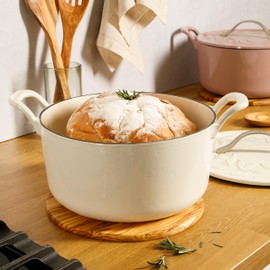 Bloomhouse 7 Qt Cast Iron Dutch Oven W/Embossed Lid, European Enamel, & Walnut Wood Trivet - Oat White