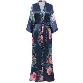 BABEYOND Women's Kimono Robe Long Satin Silky Floral Lightweight Bridesmaid Wedding Bachelorette Party Robe