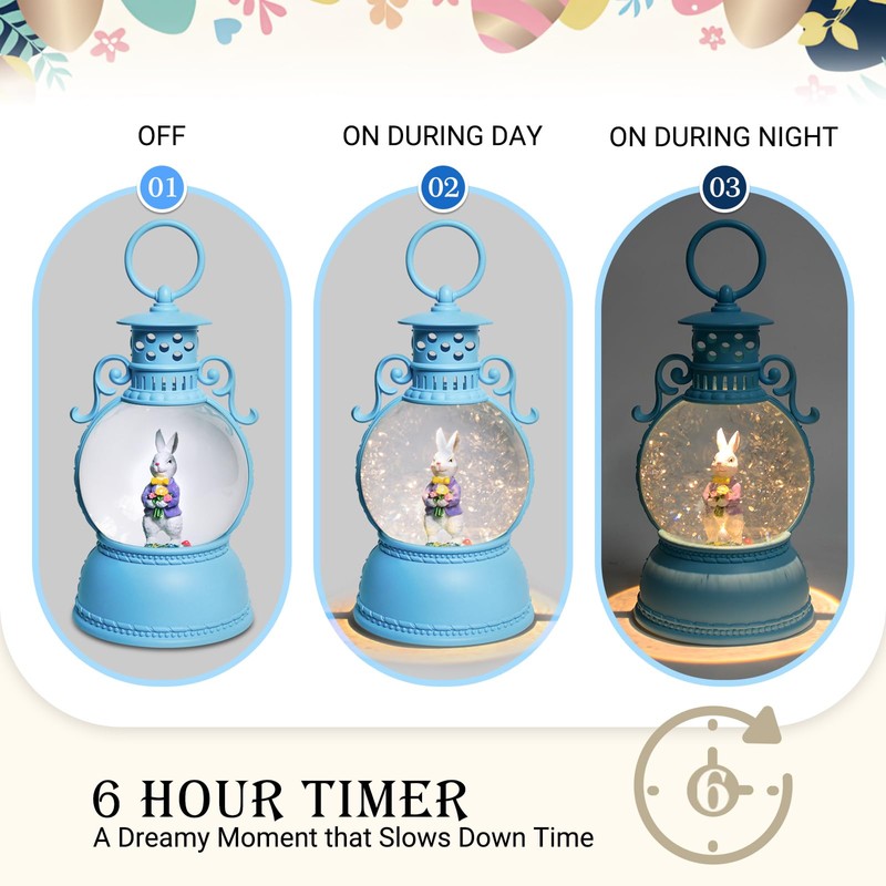 Easter Snow Globe, 9.4" Bunny Snow Lanterns with 6Hr Timer,