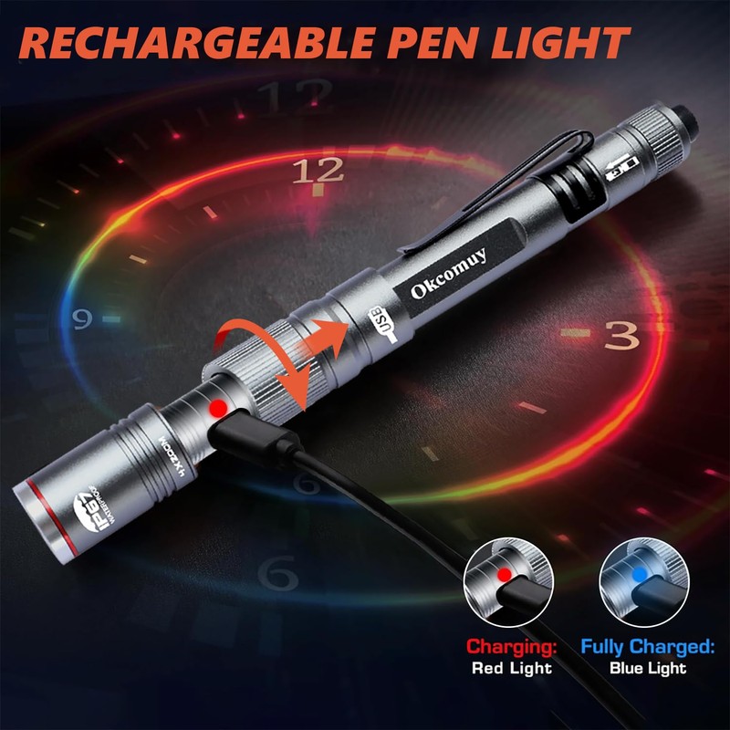 okcomuy Rechargeable Pen Light Flashlight IP67 Waterproof with Pocket Clip