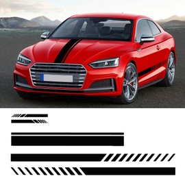 LANZMYAN 6Pcs Car Hood Decal Sticker Auto Vinyl Racing Stripe Side Skirt Hood Decal with Rearview Mirror Sports Decal Set Body Side Sticker Exterior Decoration Accessories(4.7''x86.6'',Black)