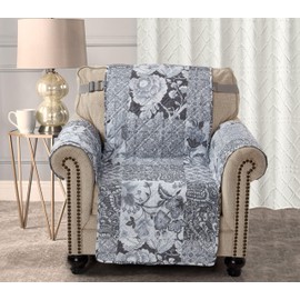 Brilliant Sunshine Grey Flowers Patchwork Quilted Chair Slipcover, 23" Seat Width, Slip Resistant Furniture Protector, 2" Strap, Washable Armchair Cover for Pets, Kids, Dogs, Cats, Grey