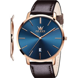 OLEVS Mens Wrist Watches Ultra Thin 6.5mm Minimalist Brown Leather Blue Dial Watch Business Dress Waterproof Date Slim Watches for Men
