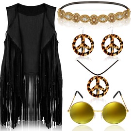 6 Pcs 60s 70s Outfits for Women Hippie Costume Set Peace Sign Earring Headband Fringe Vest Tassel Cardigan (Black,Large)