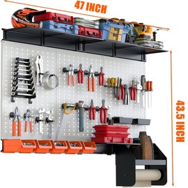 TORACK Pegboard Wall Organizer 4 ft. Garage Metal Utility Tool Storage Kit with Toolboard Hooks Accessories, Wall Mounted Bins, Paper Towel Holder, Overhead Shelf