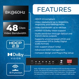 OREI 8K 2×1 HDMI 2.1 Switch – 8K@60 Hz/4K@120 Hz HDR10+/Dolby Vision Pass‑Through, HDCP 2.3, Optical & RCA L/R Audio Extractor, IR Remote, Metal Housing – 2‑Input HDMI Switch
