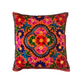 Original kikan Suzani Multi Colour Floral Embroidery 16"x16" 40 x 40 cm Indian Ethnic Cushion Cover Takiya Sofa pillow Zipper Back