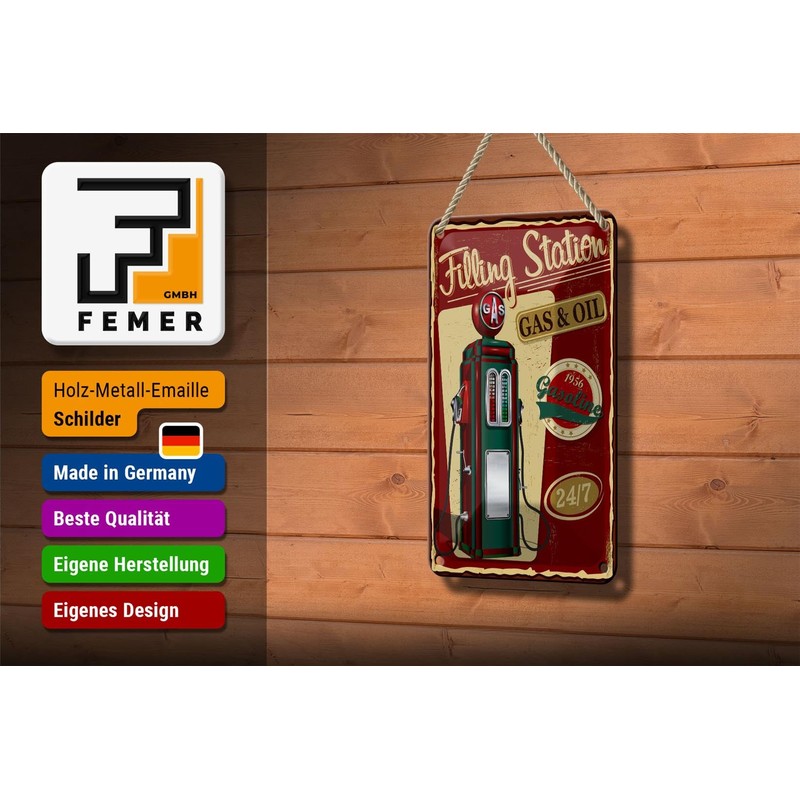 Femer Tin Sign with Retro Gasoline Filling Station Gas 24/7
