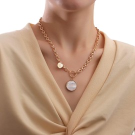 TseenYi Punk Chunky Toggle Necklace Gold Disc Pendant T Clasp Necklace Circle Opal Pendant Necklace Jewellery for Women and Girls Gifts