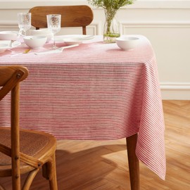 Solino Home Stripe Linen Tablecloth - Red and White, 100% Pure Linen 60 x 90 Inch Tablecloth for Spring, Mothers Day, Easter Decorations - Handcrafted and Machine Washable - Narrow Stripe