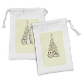 Lunarable Christmas Fabric Pouch Set of 2, Vintage Themed Tree with Rocking Horse Candles Ornaments Star and Presents Image, Small Drawstring Bag for Toiletries Masks and Favors, 9" x 6", Multicolor