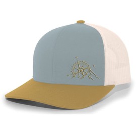 Trenz Shirt Company Men's Outdoors Mountain Scenic Forest Compass Woodland Embroidered Mesh Back Trucker Hat-Smoke Blue/Amber/Beige