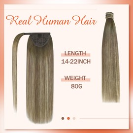 Sunny Hair Ponytail Extension Human Hair Wrap Around Ponytail Extension Straight Pony Tails Hair Extensions Clip in Ponytail Hair Extensions for Women 80G Cool Brown Balayage Brown to Blonde 18inch