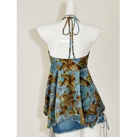 Verdusa Women's Western Paisley Tie Back Slit Halter Top Asymmetrical Flowy Tops Green Multi Large