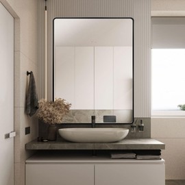 MIOZON 36x28 Inch Matte Black Metal Framed Bathroom Mirror for Wall, Rectangle Vanity Mirror with Round Corners, Anti-Rust Tempered Glass, Shatter-Proof Mirror (Horizontal/Vertical)