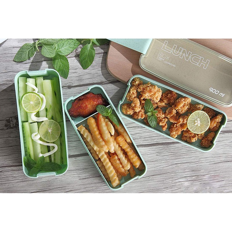 Eco-Friendly Compact Bento Lunch Box Set with Spoon, 3-in-1 Compartment