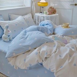 Blue White Duvet Cover Set Queen Size with Cute Blue White Heart Pattern for Kids Reversible 3 Pcs Soft Microfiber Comforter Cover with Zipper Ties
