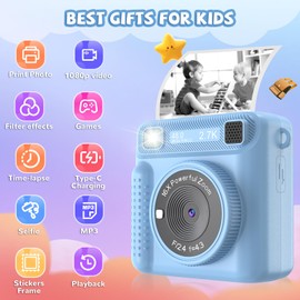 Instant Print Kids Camera - 1080P Selfie Digital Camera, Portable Travel Toy for Boys & Girls Age 3-12, Christmas Birthday Gifts (Blue)